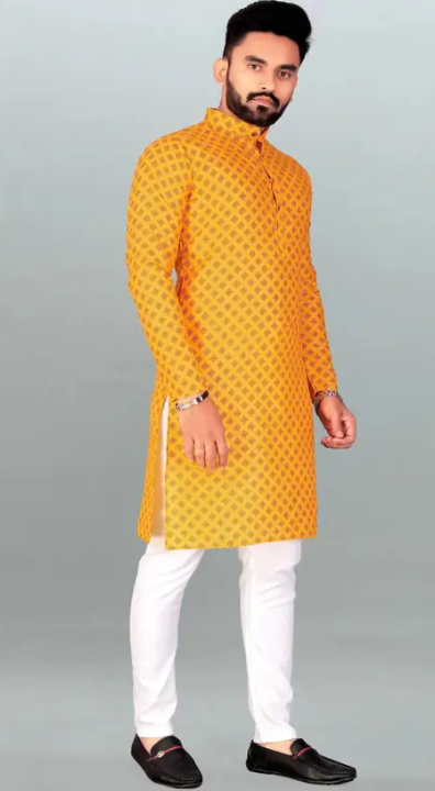 Men Printed, Self Design Cotton Blend, Polyester Straight Kurta  (Yellow)