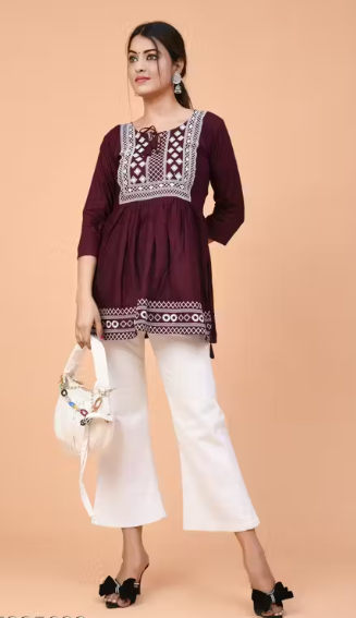 Women’s Marroon Embroidered Cotton Kurti Top | Stylish Short Kurti with White Thread Work | Casual & Party Wear