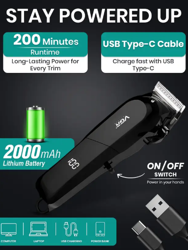 VGR V-118 Professional Hair Clipper with LED Display Trimmer 200 min Runtime 6 Length Settings  (Black)
