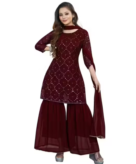 Women's Georgette Embroidery Sharara Salwar Suit Set Stitched Ready to Wear