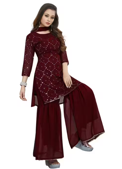 Women's Georgette Embroidery Sharara Salwar Suit Set Stitched Ready to Wear
