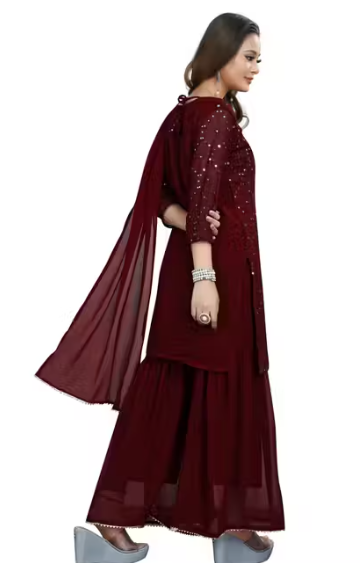 Women's Georgette Embroidery Sharara Salwar Suit Set Stitched Ready to Wear