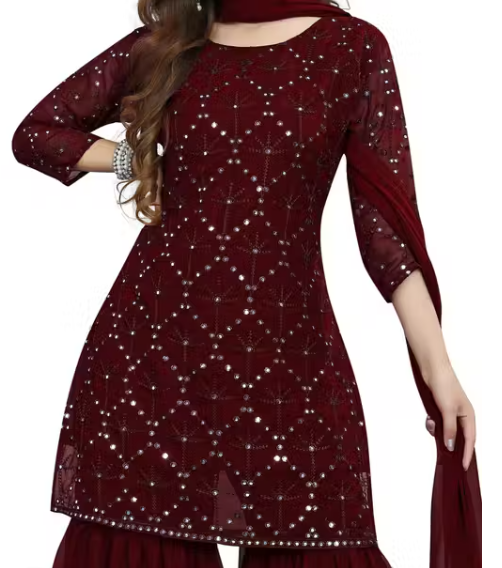 Women's Georgette Embroidery Sharara Salwar Suit Set Stitched Ready to Wear