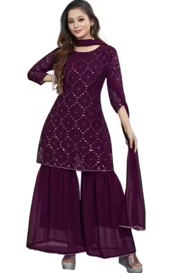 Women's Georgette Embroidery Sharara Salwar Suit Set Stitched Ready to Wear
