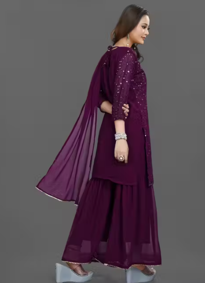 Women's Georgette Embroidery Sharara Salwar Suit Set Stitched Ready to Wear