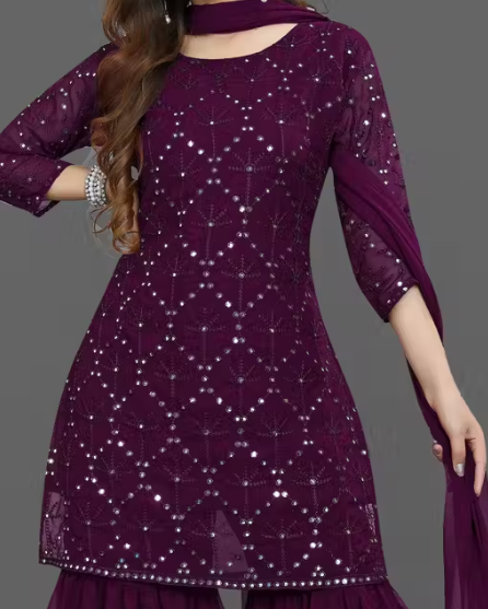 Women's Georgette Embroidery Sharara Salwar Suit Set Stitched Ready to Wear