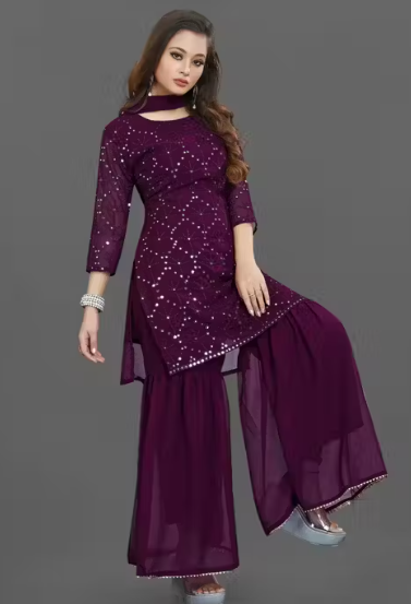 Women's Georgette Embroidery Sharara Salwar Suit Set Stitched Ready to Wear