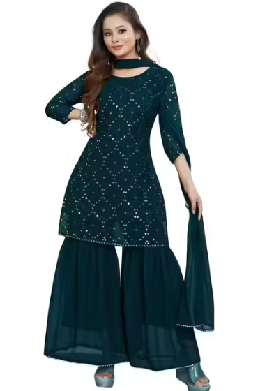 Women's Georgette Embroidery Sharara Salwar Suit Set Stitched Ready to Wear