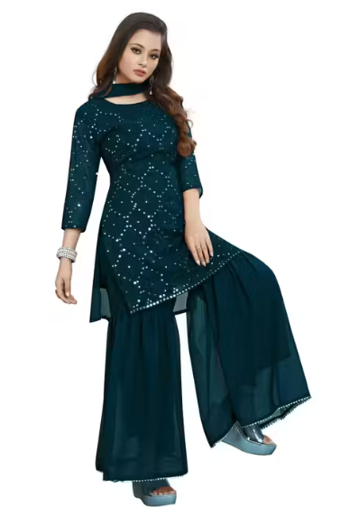 Women's Georgette Embroidery Sharara Salwar Suit Set Stitched Ready to Wear