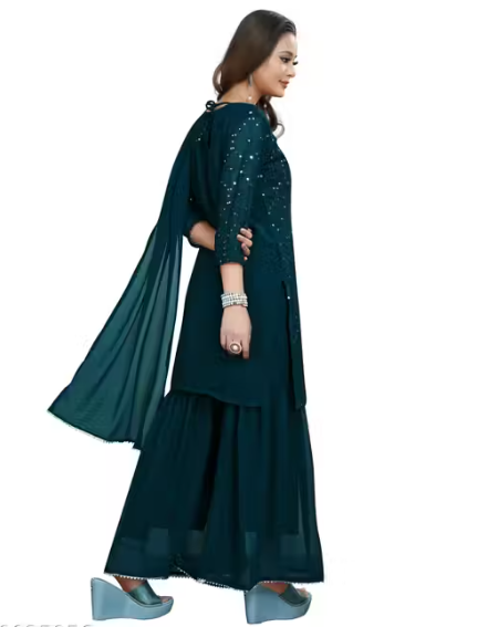 Women's Georgette Embroidery Sharara Salwar Suit Set Stitched Ready to Wear