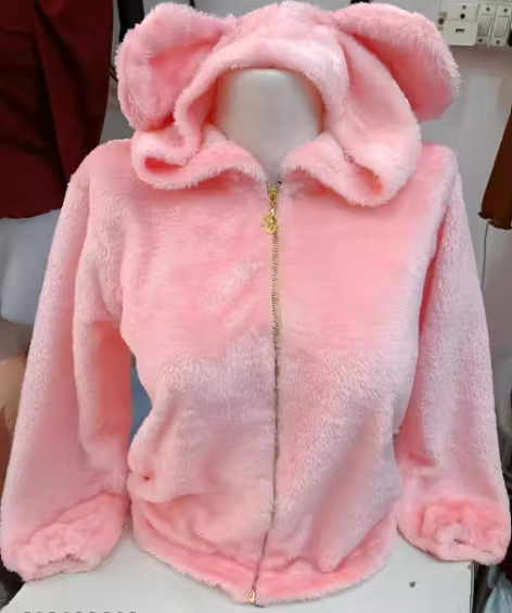 Girls Teddy Ear Hooded Furry Zip Jacket – Pink & Black Winter Wear