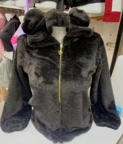 Girls Teddy Ear Hooded Furry Zip Jacket – Pink & Black Winter Wear