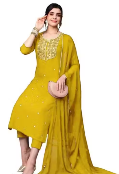 KURTI SET, Worked WOMEN VISCOSE RAYON KURTA PANT DUPATTA SET