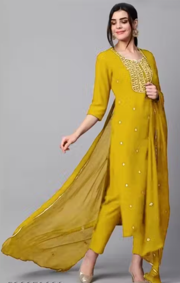 KURTI SET, Worked WOMEN VISCOSE RAYON KURTA PANT DUPATTA SET