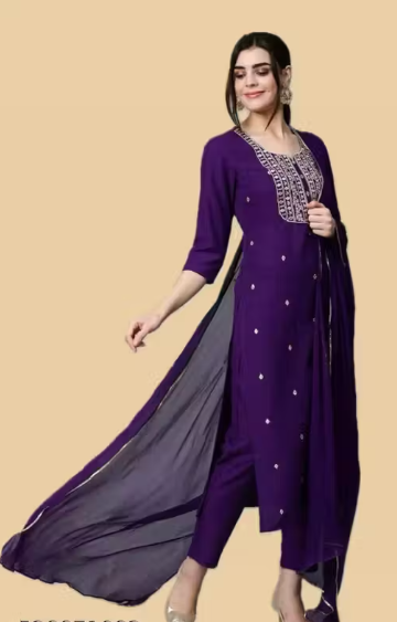 KURTI SET Worked, WOMEN VISCOSE RAYON KURTA PANT DUPATTA SET