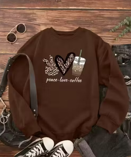Peace Love Coffee Printed Oversized Sweatshirt for Women | Trendy Winter Wear Casual Pullover