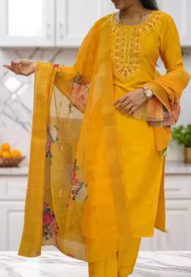 Embroidered Kurta With Printed Dupatta And pent