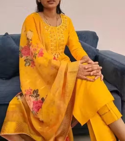 Embroidered Kurta With Printed Dupatta And pent