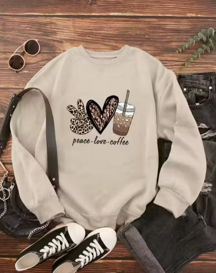 Peace Love Coffee Printed Oversized Sweatshirt for Women | Trendy Winter Wear Casual Pullover