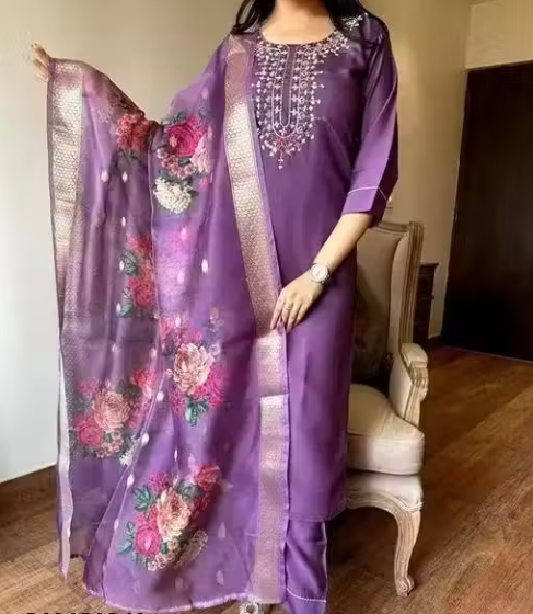 Embroidered Kurta With Printed Dupatta And pent
