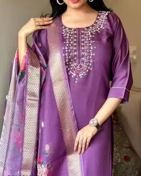 Embroidered Kurta With Printed Dupatta And pent