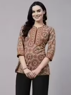 Women's Rayon Printed Badmeri Ajrakh Prints Short Kurti Quality Premium