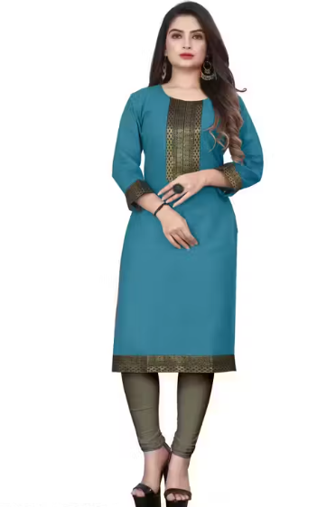 Desigener Kurtis New Collection Plain Cotton Golden Lace Border Pattern Casual Kurta for Girls & Women