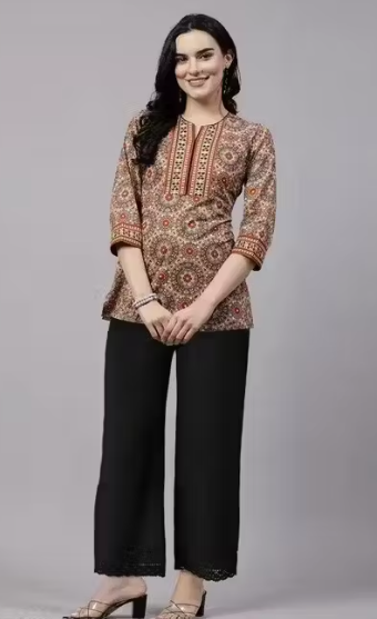 Women's Rayon Printed Badmeri Ajrakh Prints Short Kurti Quality Premium