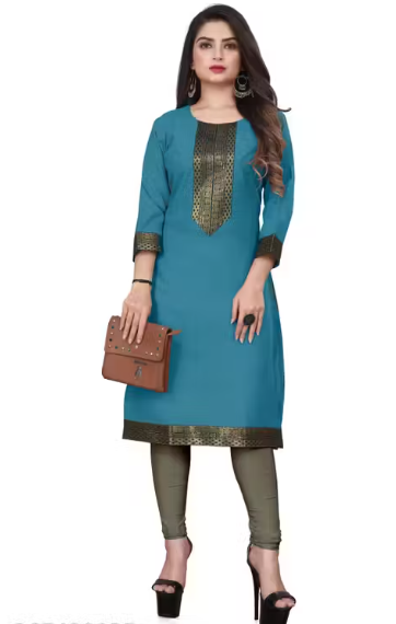 Desigener Kurtis New Collection Plain Cotton Golden Lace Border Pattern Casual Kurta for Girls & Women