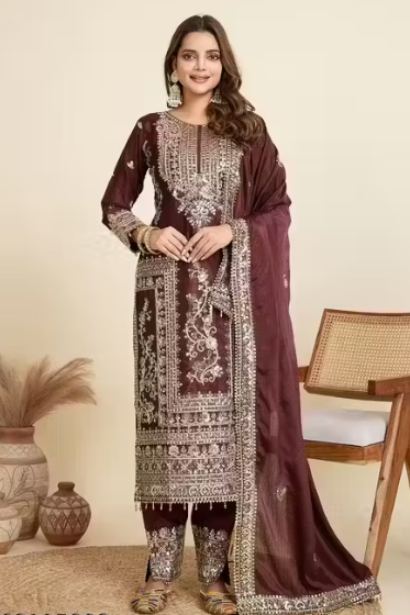 Embroidered Heavy Chinon Silk kurti with embroidered Palazzo and dupatta Set & Materials new designer havy embroidery work