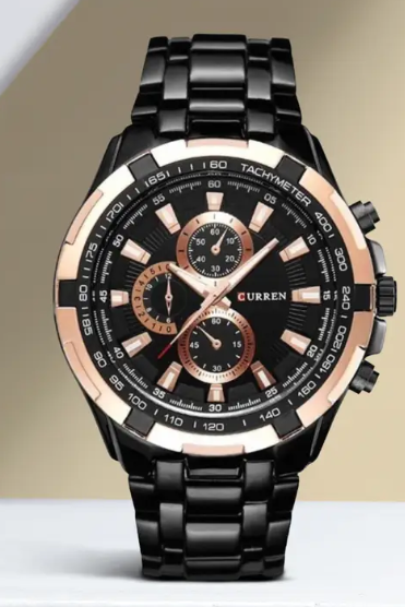 Chrono Analog Watch - For Men Black Rose-Gold Metal Chain Stainless Steel Strap Premium Quality