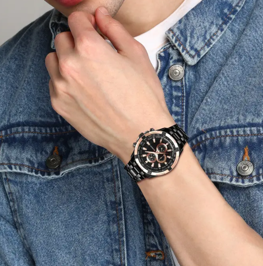Chrono Analog Watch - For Men Black Rose-Gold Metal Chain Stainless Steel Strap Premium Quality