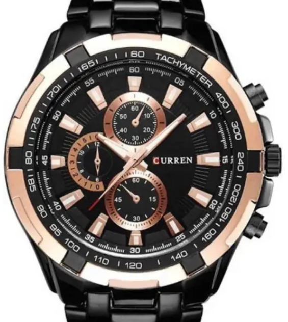 Chrono Analog Watch - For Men Black Rose-Gold Metal Chain Stainless Steel Strap Premium Quality