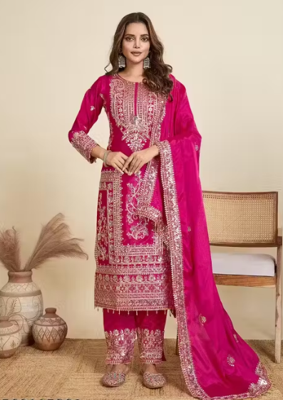 Embroidered Heavy Chinon Silk kurti with embroidered Palazzo and dupatta Set & Materials new designer havy embroidery work