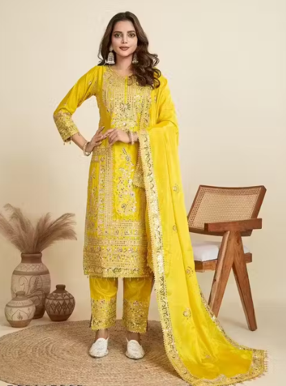 Embroidered Heavy Chinon Silk kurti with embroidered Palazzo and dupatta Set & Materials new designer havy embroidery work