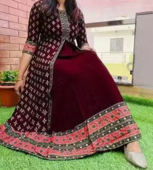 Women Pure Rayon Gold Printed A-line Long Kurti | Daily Wear Kurta | Party Wear Kurta | Kurti For Women | Printed Maroon Color Kurta | long kurti for women