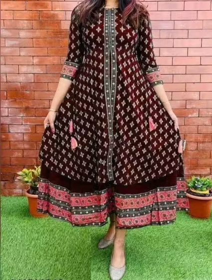 Women Pure Rayon Gold Printed A-line Long Kurti | Daily Wear Kurta | Party Wear Kurta | Kurti For Women | Printed Maroon Color Kurta | long kurti for women