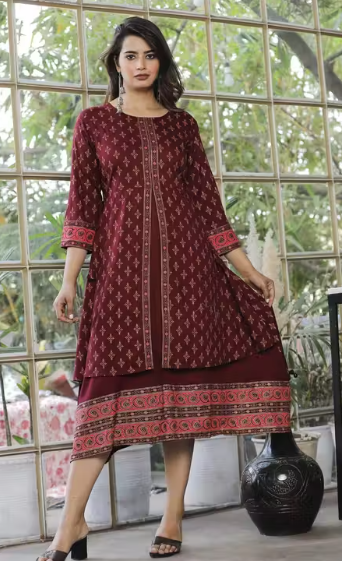 Women Pure Rayon Gold Printed A-line Long Kurti | Daily Wear Kurta | Party Wear Kurta | Kurti For Women | Printed Maroon Color Kurta | long kurti for women