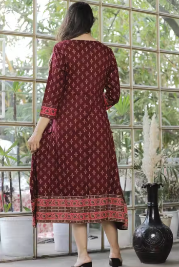 Women Pure Rayon Gold Printed A-line Long Kurti | Daily Wear Kurta | Party Wear Kurta | Kurti For Women | Printed Maroon Color Kurta | long kurti for women