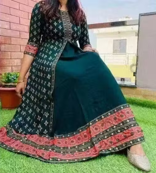 Women Pure Rayon Gold Printed A-line Long Kurti | Daily Wear Kurta | Party Wear Kurta | Kurti For Women | Printed Green Color Kurta