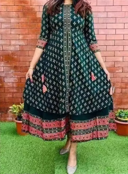 Women Pure Rayon Gold Printed A-line Long Kurti | Daily Wear Kurta | Party Wear Kurta | Kurti For Women | Printed Green Color Kurta
