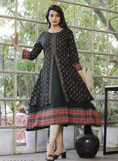 Women Pure Rayon Gold Printed A-line Long Kurti | Daily Wear Kurta | Party Wear Kurta | Kurti For Women | Printed Green Color Kurta