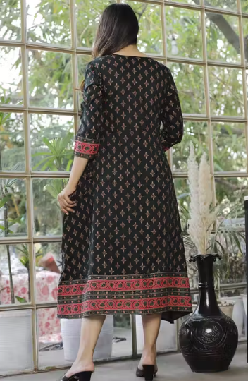 Women Pure Rayon Gold Printed A-line Long Kurti | Daily Wear Kurta | Party Wear Kurta | Kurti For Women | Printed Green Color Kurta