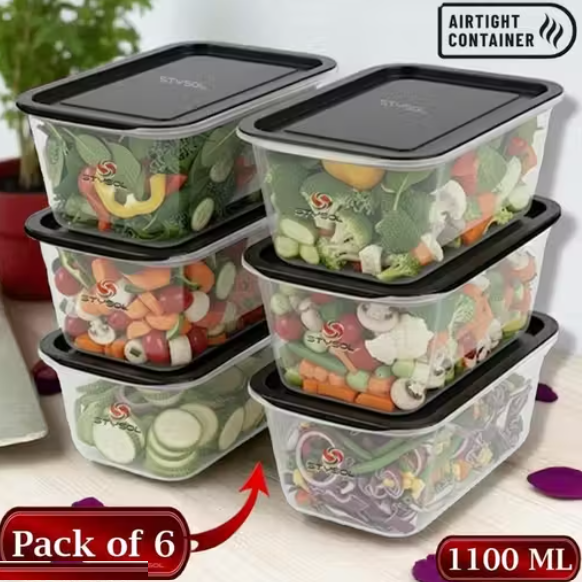 Fridge Storage Boxes , Fridge Organizer with Removable Drain Plate Fridge Storage Containers Keeps Fruits, Vegetables, Meat, Fish Fresh Longer 1000 ML Container Box (Pack of 6)