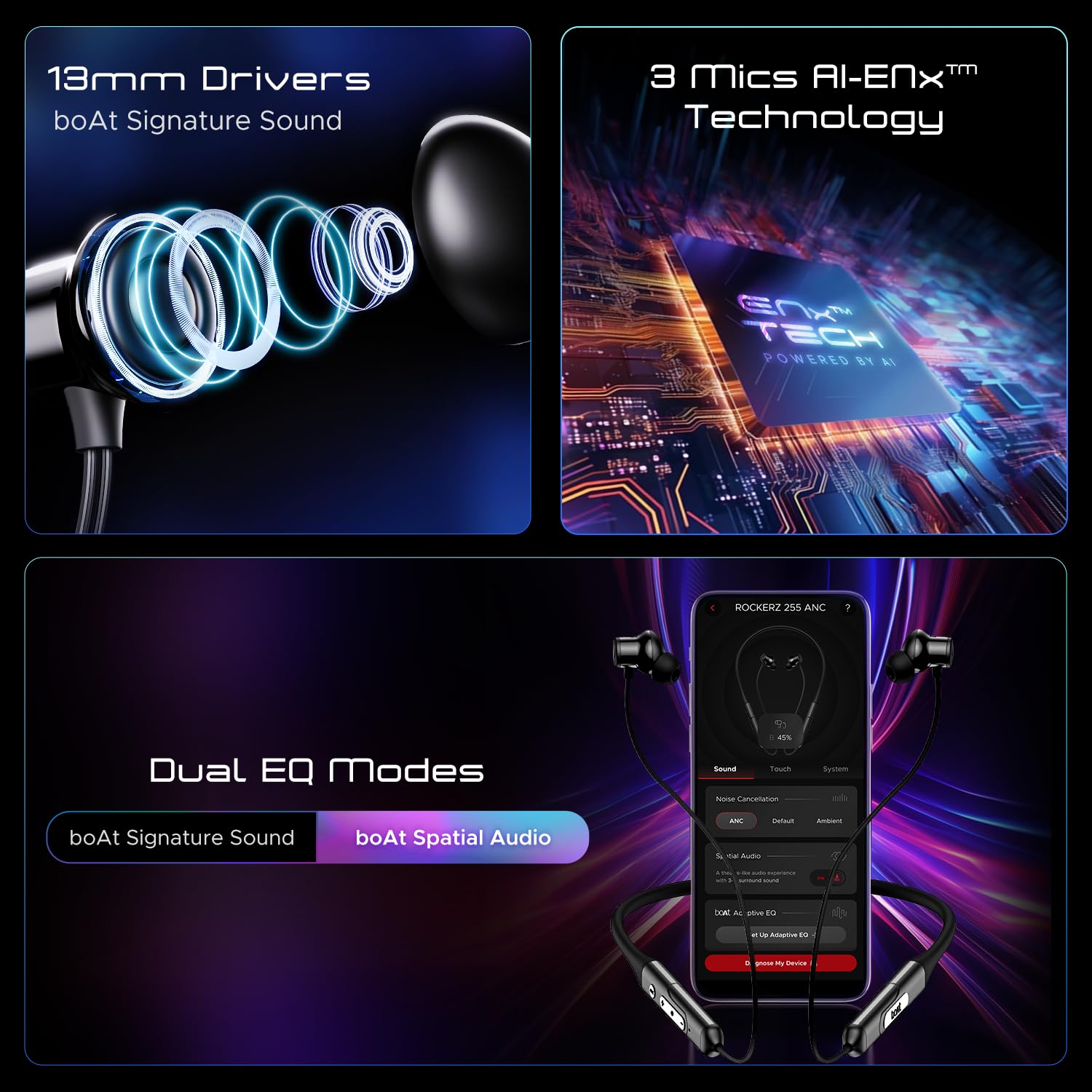 Boat Rockerz 255 ANC,100HRS Battery,Spatial Audio,ANC(~32Db),Fast Charge(10Mins=24HRS),3Mics Aienx,13Mm Drivers,Power Earbuds,Bluetooth Neckband,in Ear Wireless with Mic Earphones (Raven Black)