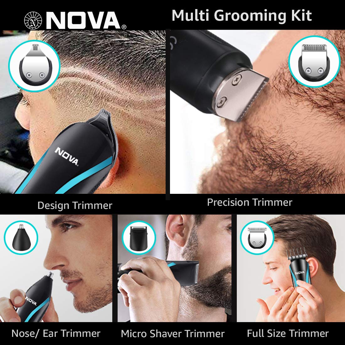 NOVA NG 1152 Cordless Rechargeable: 60 Minutes Runtime Multi Grooming Trimmer for Men (Blue)