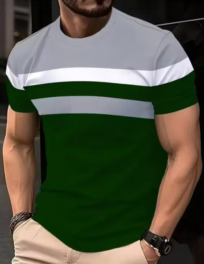 Men's Color Block Round Neck T-Shirt - Casual Summer Sportswear, Stretch Polyester Blend, Comfortable Knit Fabric for Casual Attire, Casual Outings | Relaxed Fit Top | Durable Fabric, T Shirt