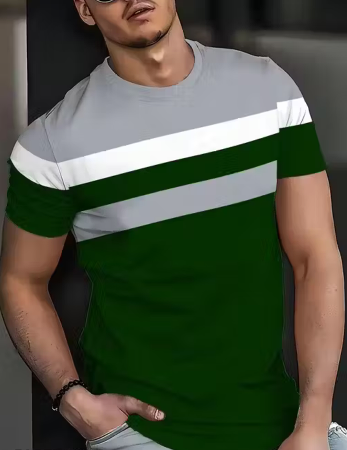 Men's Color Block Round Neck T-Shirt - Casual Summer Sportswear, Stretch Polyester Blend, Comfortable Knit Fabric for Casual Attire, Casual Outings | Relaxed Fit Top | Durable Fabric, T Shirt
