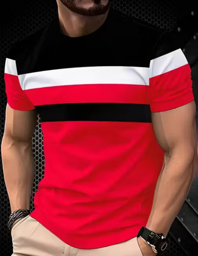 Men's Color Block Round Neck T-Shirt - Casual Summer Sportswear, Stretch Polyester Blend, Comfortable Knit Fabric for Casual Attire, Casual Outings | Relaxed Fit Top | Durable Fabric, T Shirt