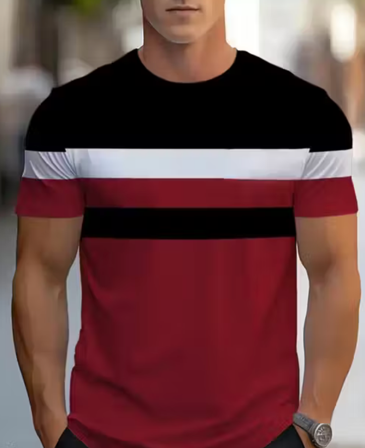 Men's Color Block Round Neck T-Shirt - Casual Summer Sportswear, Stretch Polyester Blend, Comfortable Knit Fabric for Casual Attire, Casual Outings | Relaxed Fit Top | Durable Fabric, T Shirt